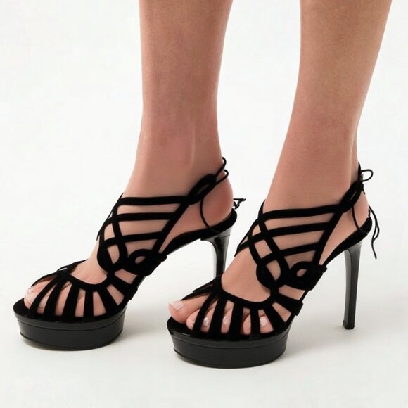 Bruno Magli Shoes - Bruno Magli Empress Black Suede Lace-Up Platform Heels Sandals Sz 38 w/ Box
